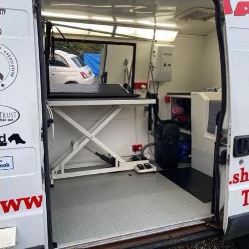 Adjustable grooming table inside the van