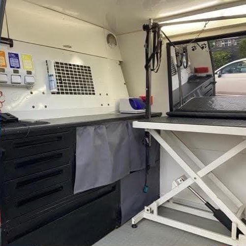 Grooming workspace inside the van with storage and a grooming table